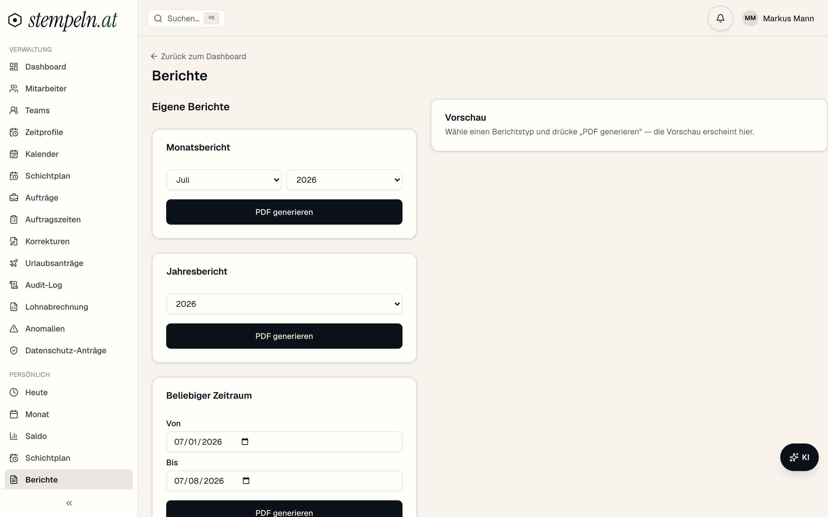 Berichte — PDF und CSV – Screenshot der App