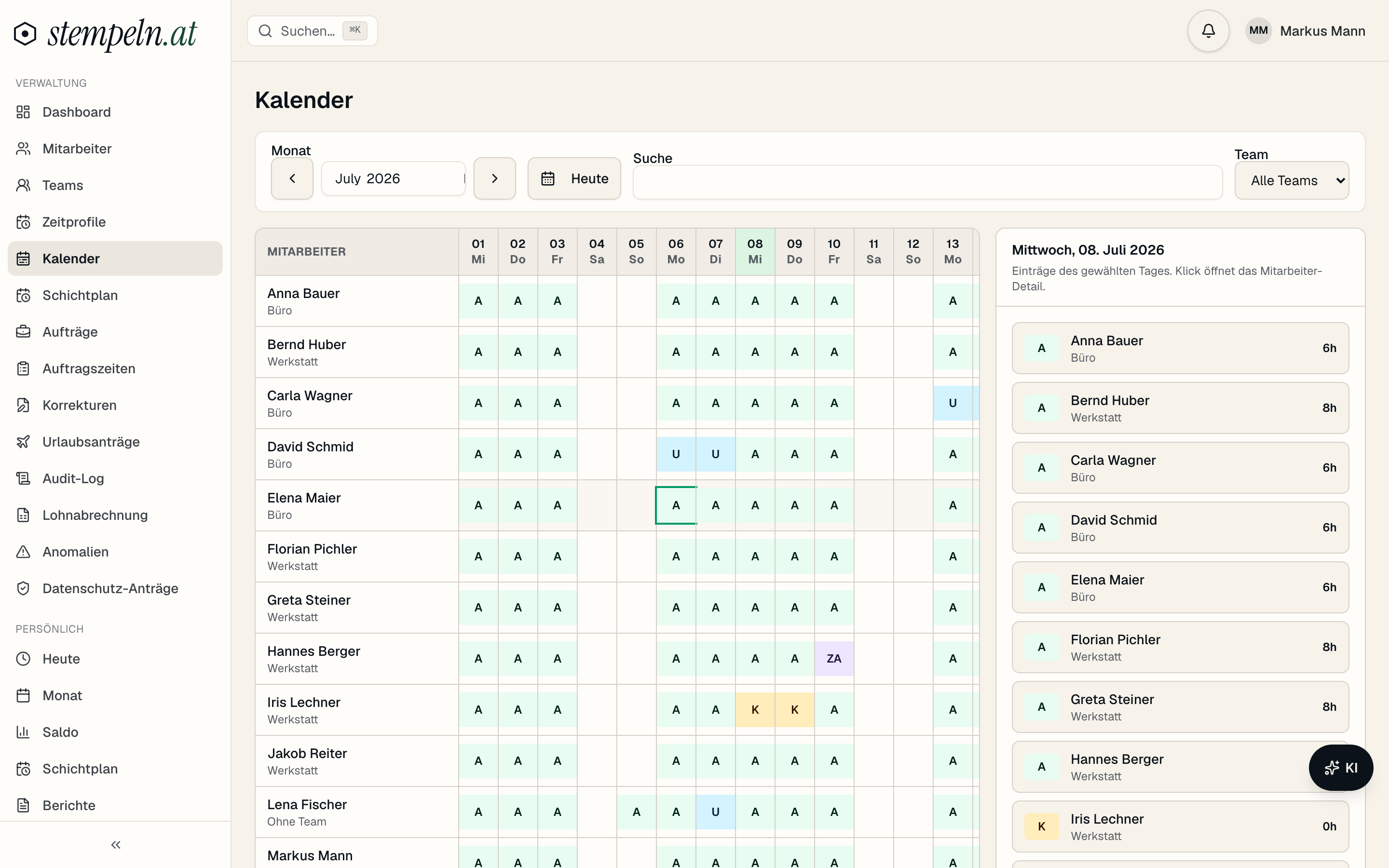 Admin-Kalender mit dem ganzen Team – Screenshot der App