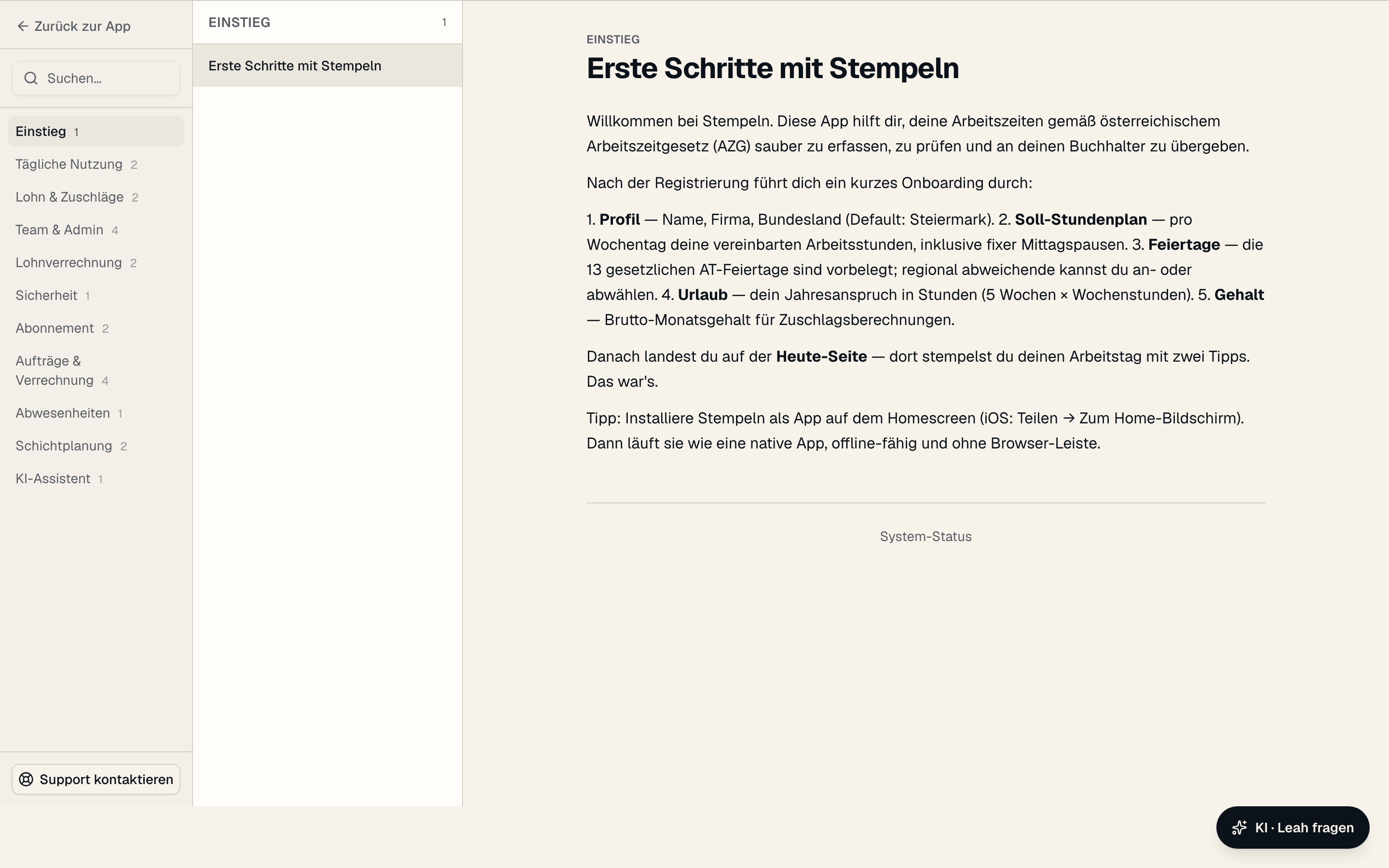 Hilfe-Center mit KI-Hilfe Leah – Screenshot der App
