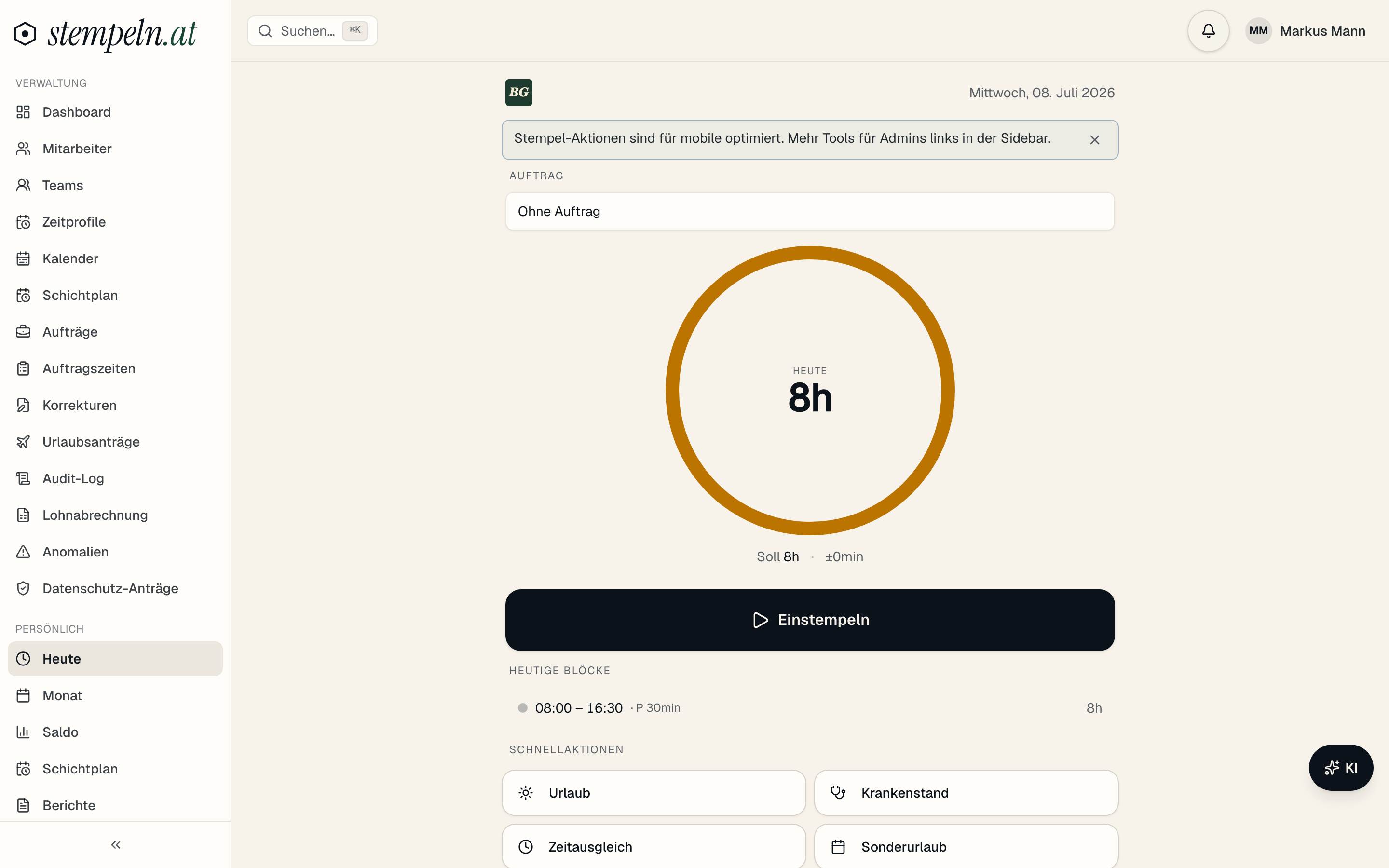Heute — der Stempel-Hub – Screenshot der App