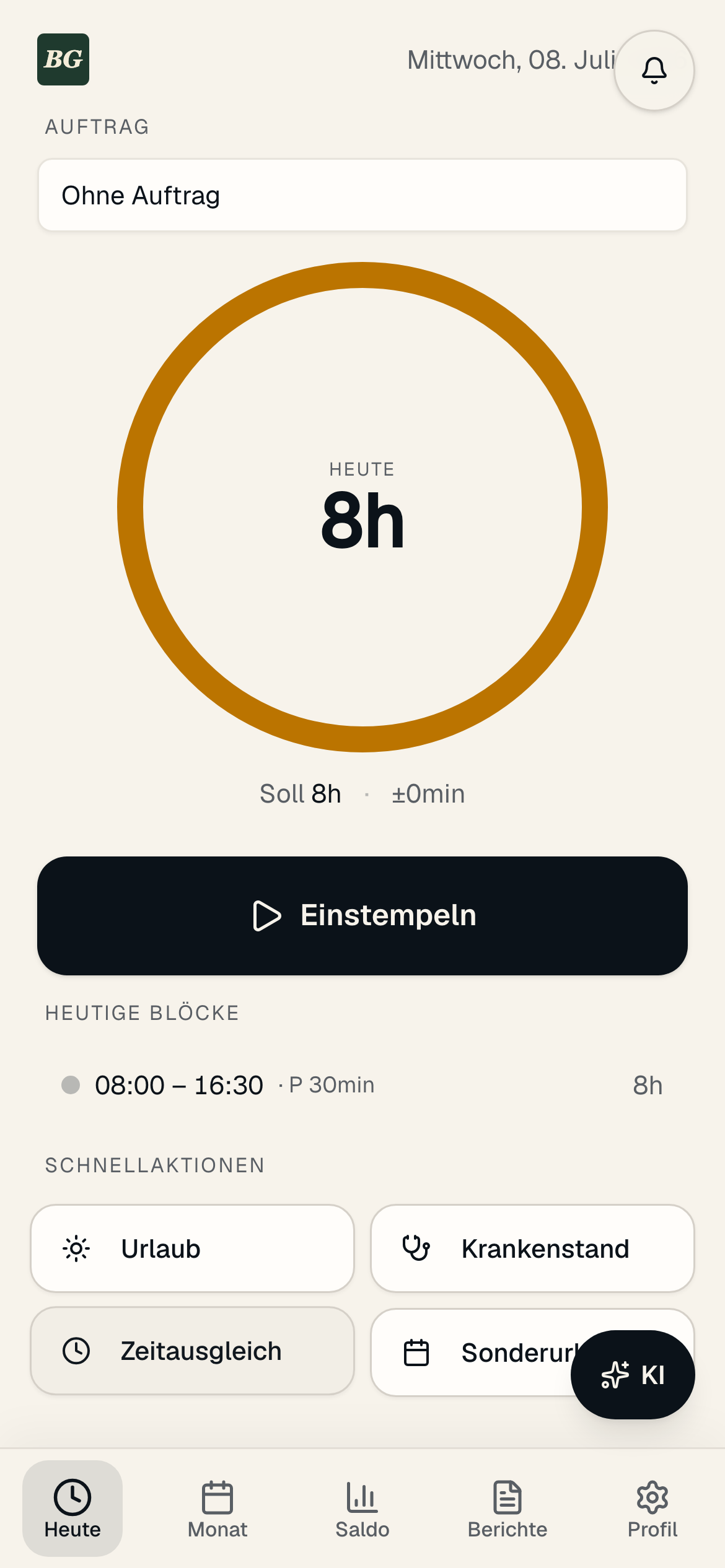 Stempeln am Handy – Screenshot der App