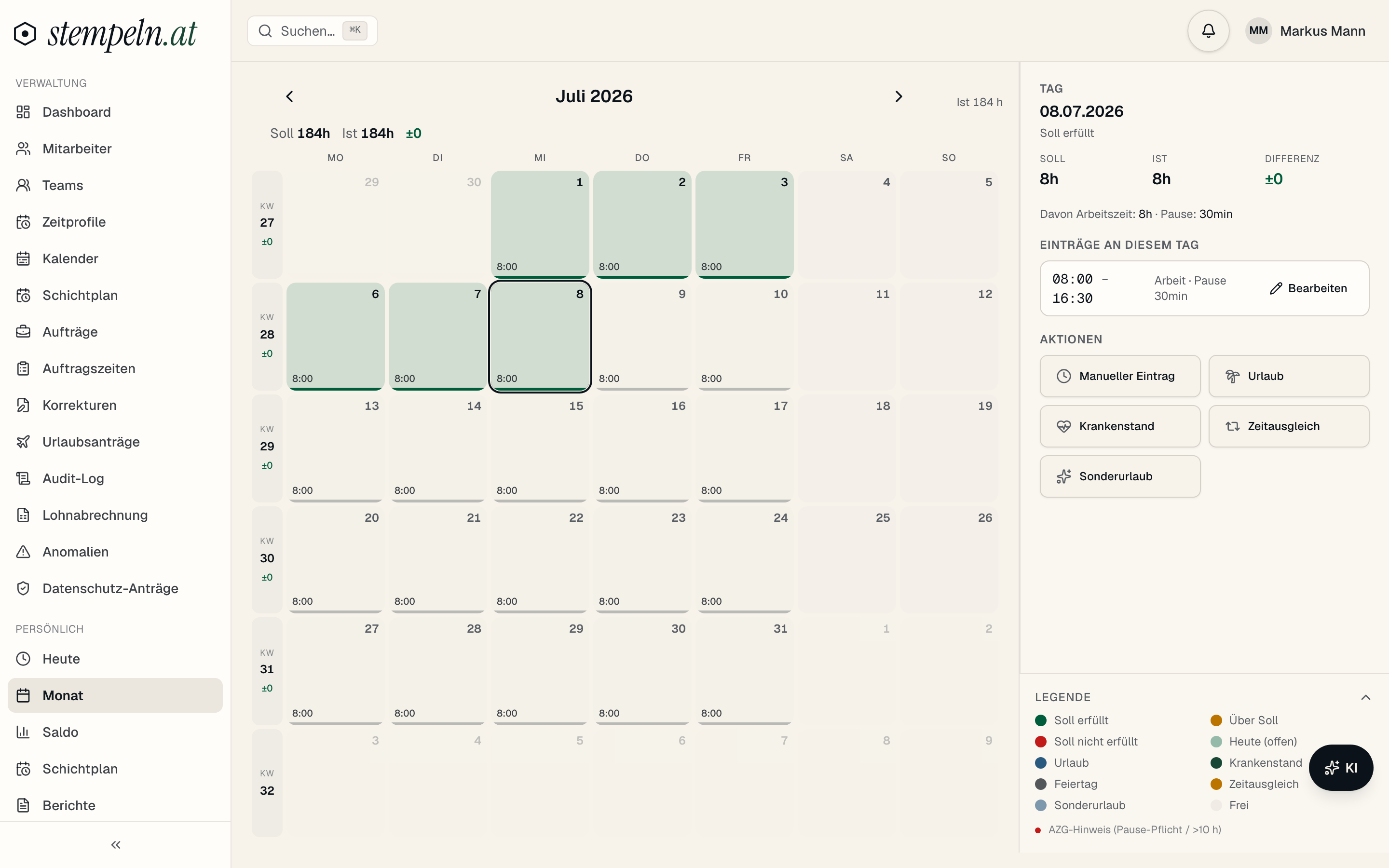 Monat — Kalender mit Stundennachweis nach den Vorgaben des AZG (§ 26) – Screenshot der App