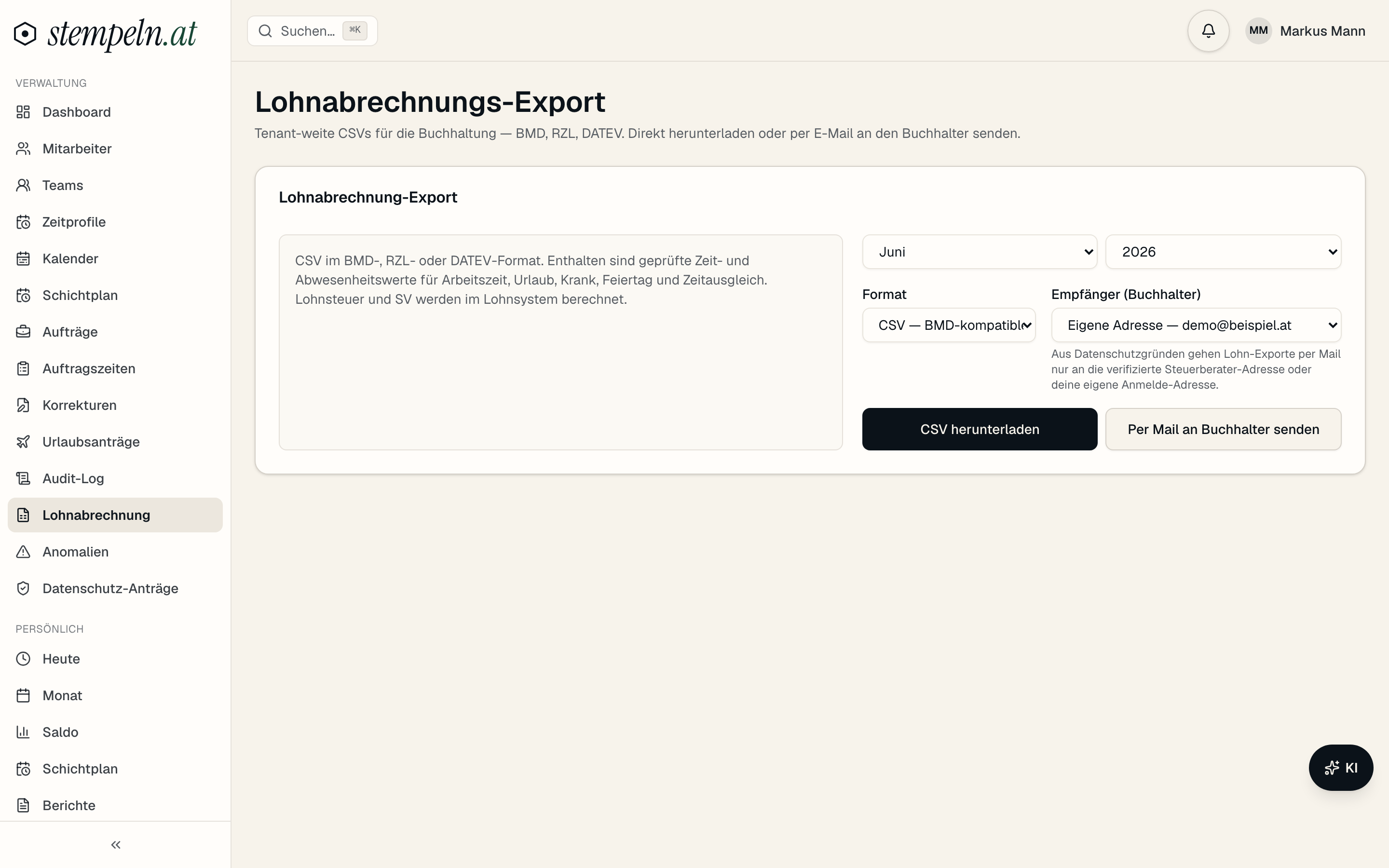Lohn-/Steuerberater-Export mit BMD-, RZL- und DATEV-Format – Screenshot der App