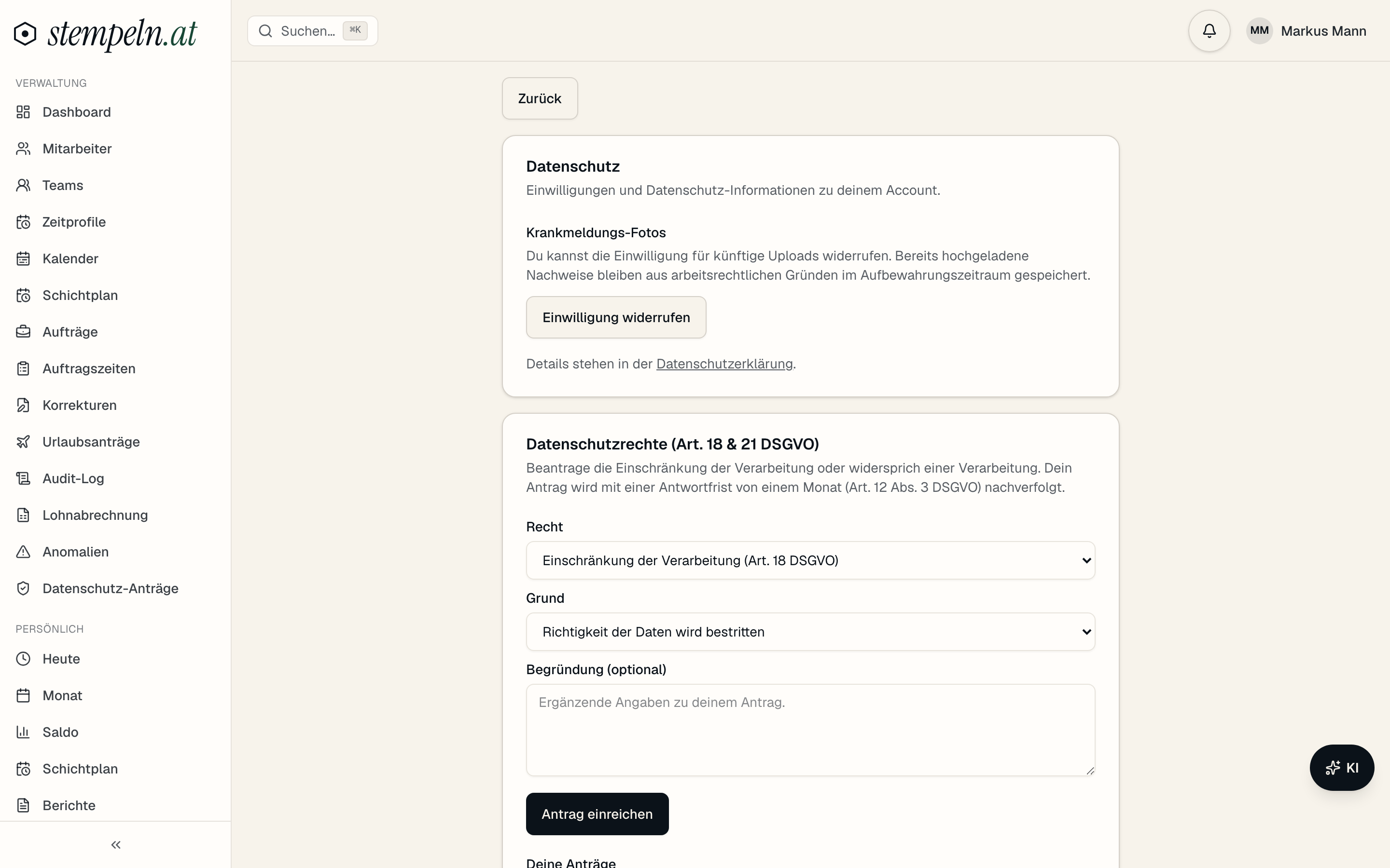 Compliance-Tiefe — Betroffenenrechte und KI-Transparenz – Screenshot der App
