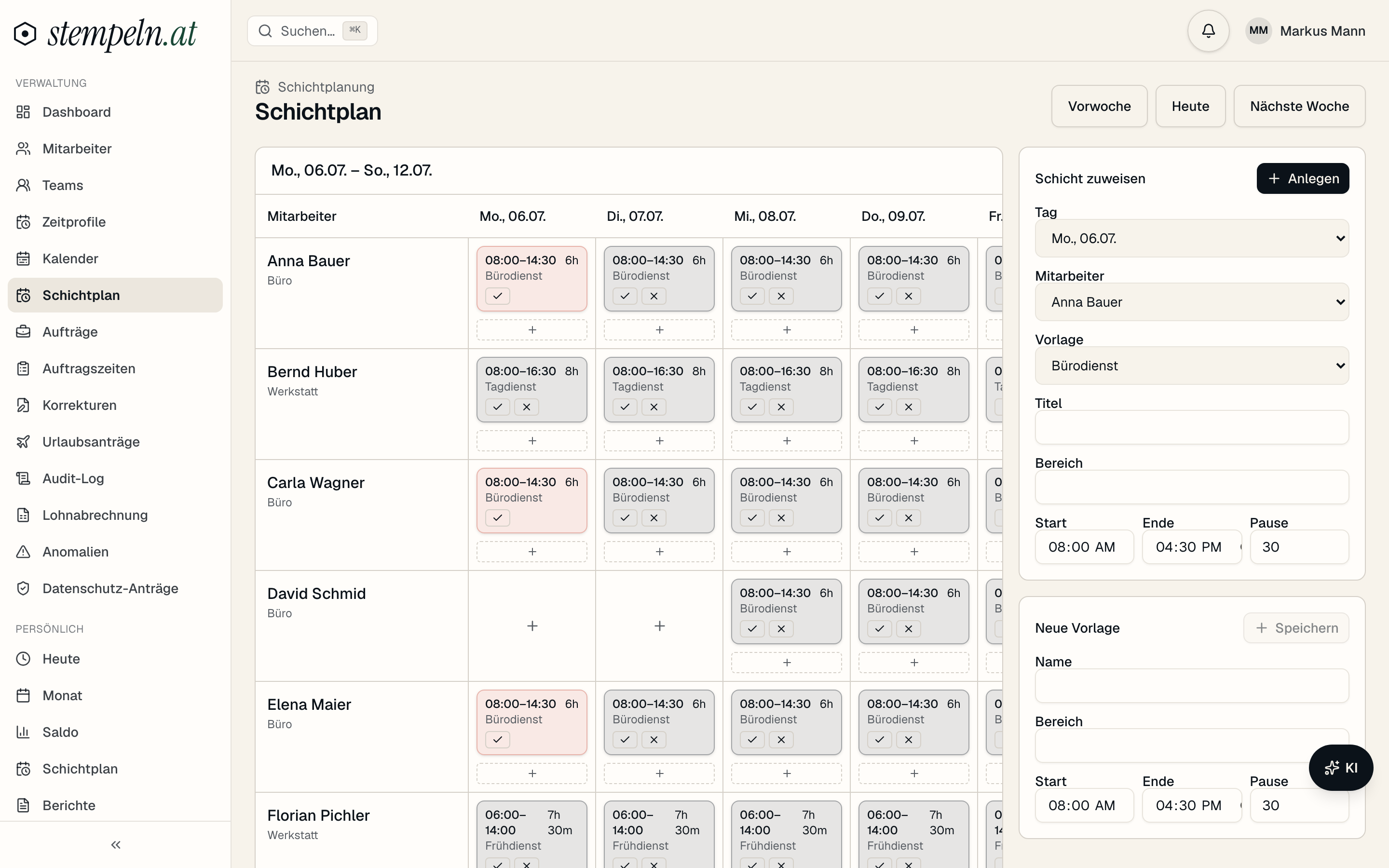 Schichtplanung — Admin plant, Mitarbeiter bestätigen – Screenshot der App